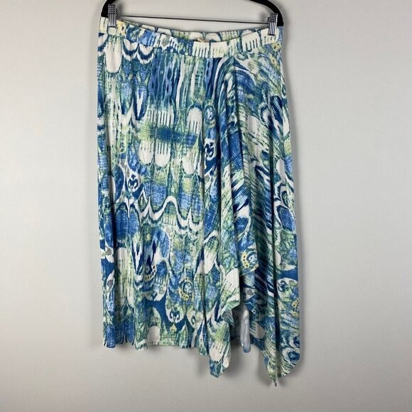 Chicos Molly Ikat Midi Skirt Womens 2 US Large Pull On Asymmetric Blue Green - Picture 1 of 9